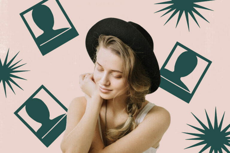 Smiling woman in a hat against a pink background with instant film and flash icons